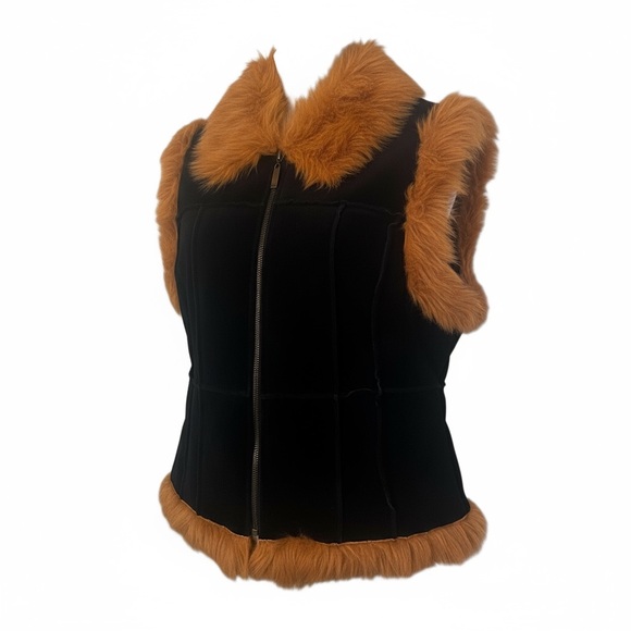 Vintage Black Leather Suede Vest Fur Trim Large - Picture 6 of 9